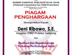 Anggota DPRD Provinsi Lampung Deni Ribowo Dapat Penghargaan Legislator Peduli Anak