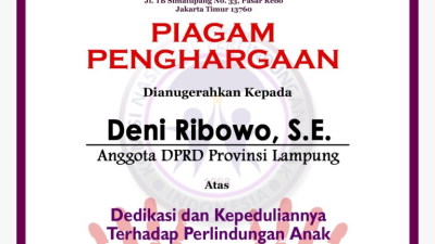 Anggota DPRD Provinsi Lampung Deni Ribowo Dapat Penghargaan Legislator Peduli Anak