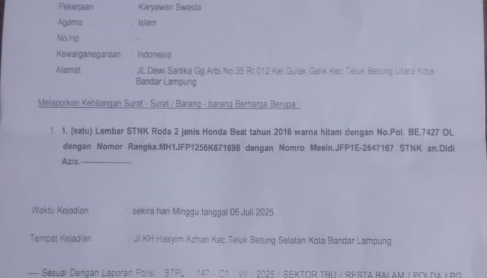 Pengumuman Kehilangan STNK Honda Beat BE 7427 OL di Pasar Cimeng Kota Bandar Lampung