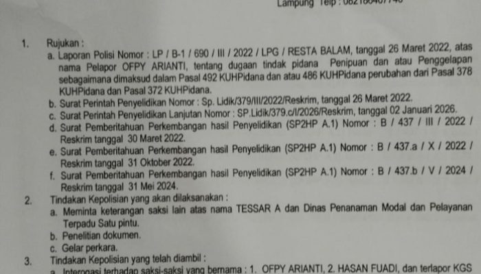 LP Penipuan Suami Anggota DPRD Lamsel Naik Penyidikan, Polisi Diminta Tetapkan Tersangka
