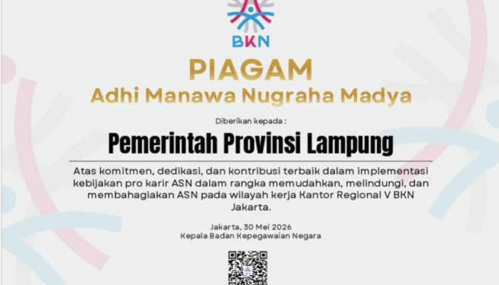 Pemprov Lampung Raih Penghargaan Adhi Manawa Nugraha Madya dari BKN