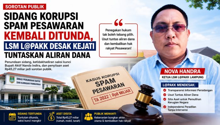 Penundaan Sidang SPAM Pesawaran Dipertanyakan, L@PAKK Soroti Peran Saksi Kunci Bupati Aktif Nanda